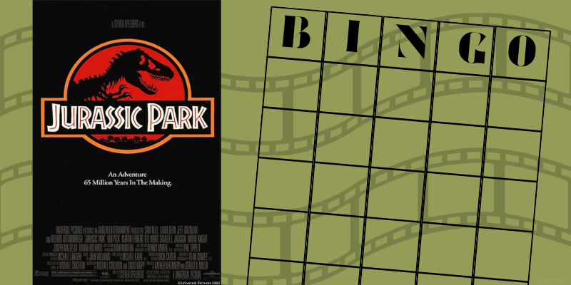 Movie poster for 'Jurassic Park” alongside an empty bingo card grid.