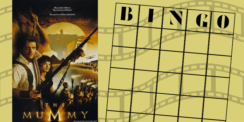Movie poster for 'The Mummy' alongside an empty bingo card grid.