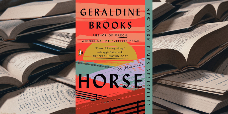 horse by geraldine brooks book cover, with background of open book pages