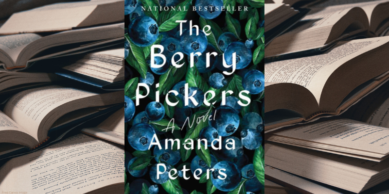 the berry pickers by amanda peters book cover, with background of open book pages