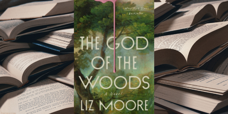 the god of the woods by liz moore book cover, with open book pages background