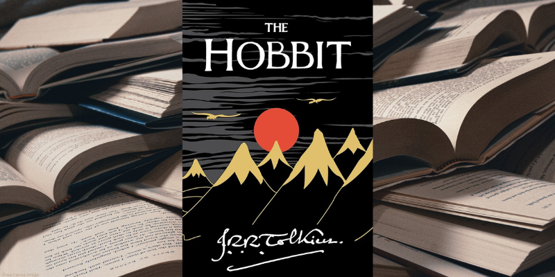 the hobbit by j.r.r. tolkien book cover, with open pages of book background