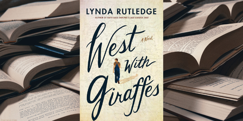 west with giraffes by lynda rutledge book cover with open book pages background