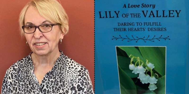 Headshot of author Mary Anne Arendt and zoom in of lily of the valley by mary anne arendt book cover