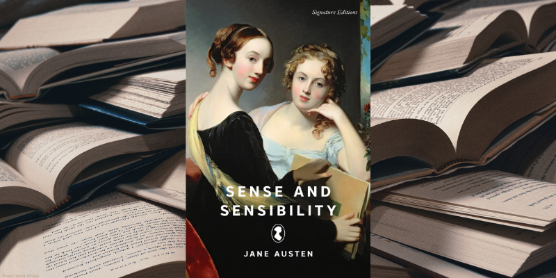 book cover of sense and sensibility by jane austen with open books in the background